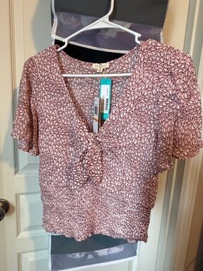 Mason & Belle Dusty Pink Leaf-Print V-Neck Tie-Front Blouse, NWT